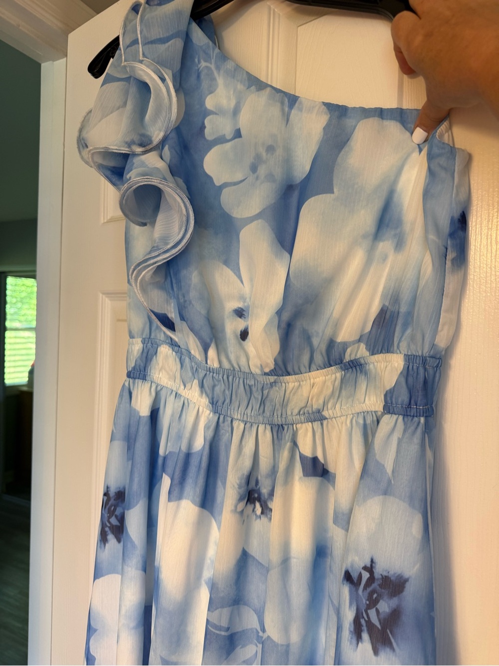 One-Shoulder Blue & White Floral Dress with Ruffle Strap
